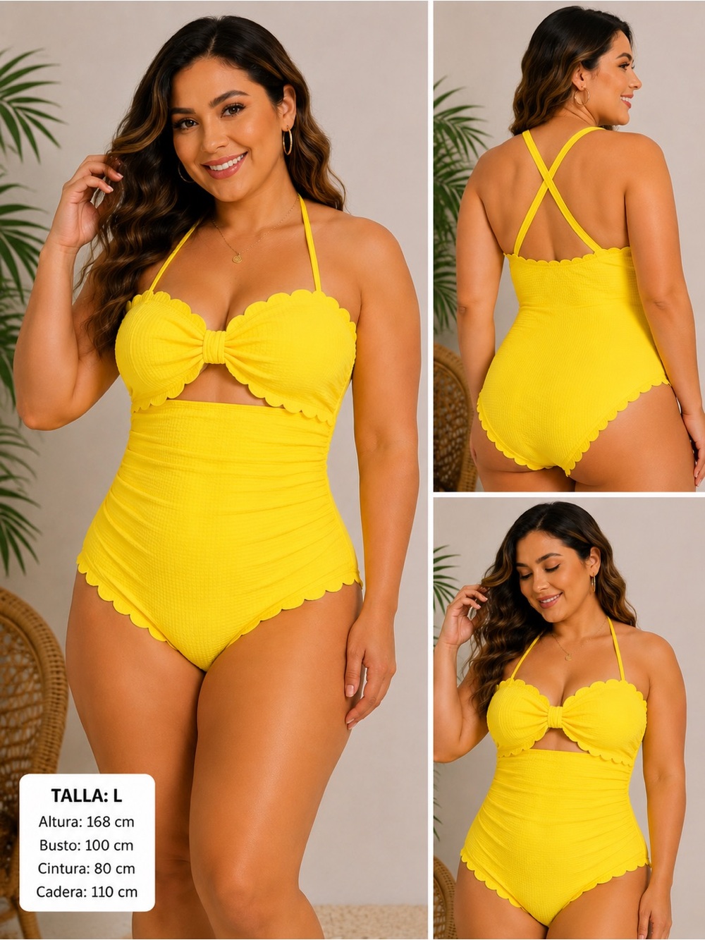 Yellow Scallop-Edge Halter One-Piece Swimsuit